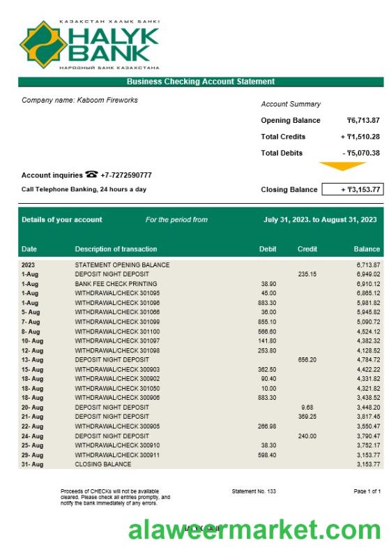 Halyk Bank organization account statement Word and PDF template